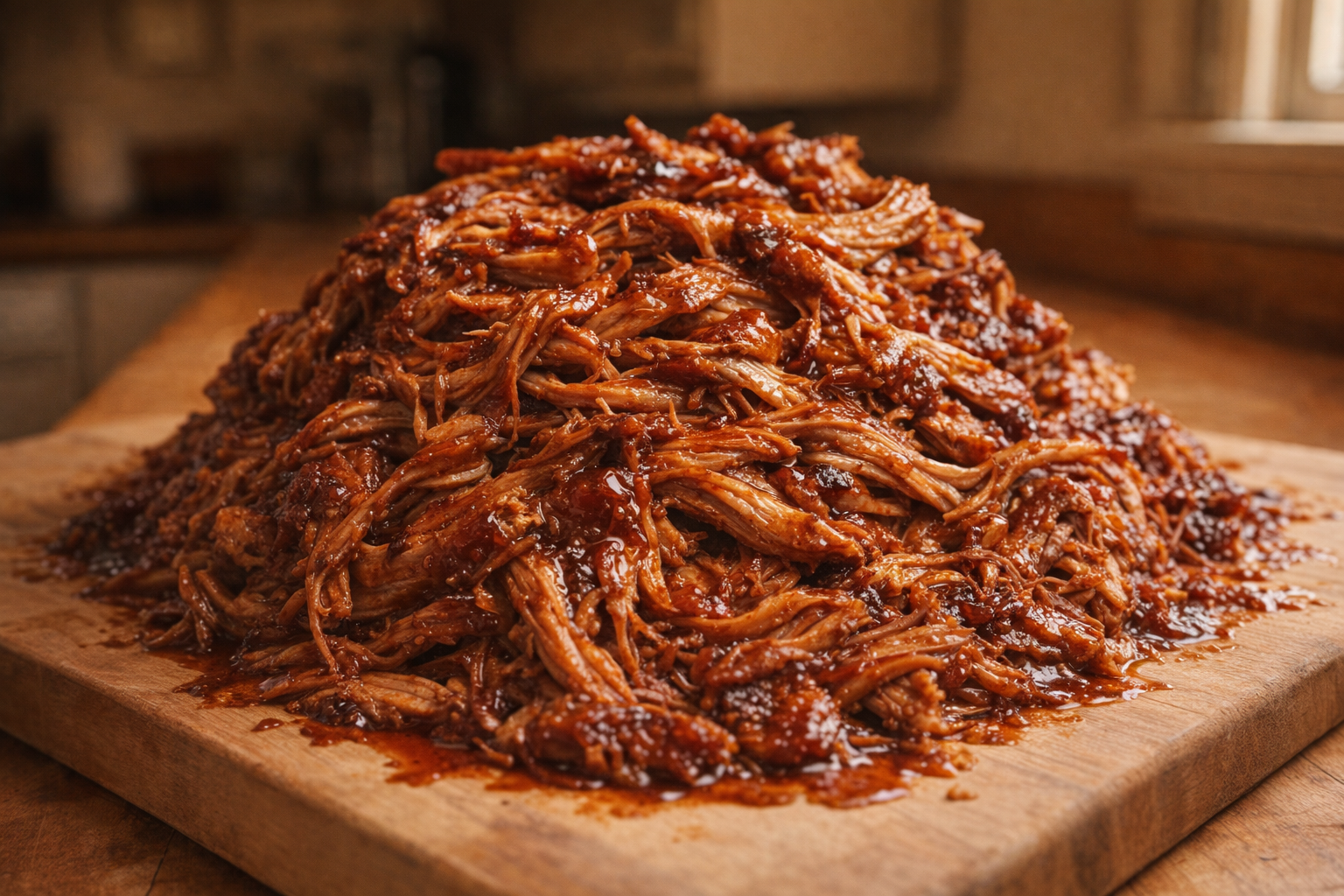 A close-up shot of a pile of perfectly shredded pulled pork, glistening with BBQ sauce, on a wooden cutting board, warm overhead lighting